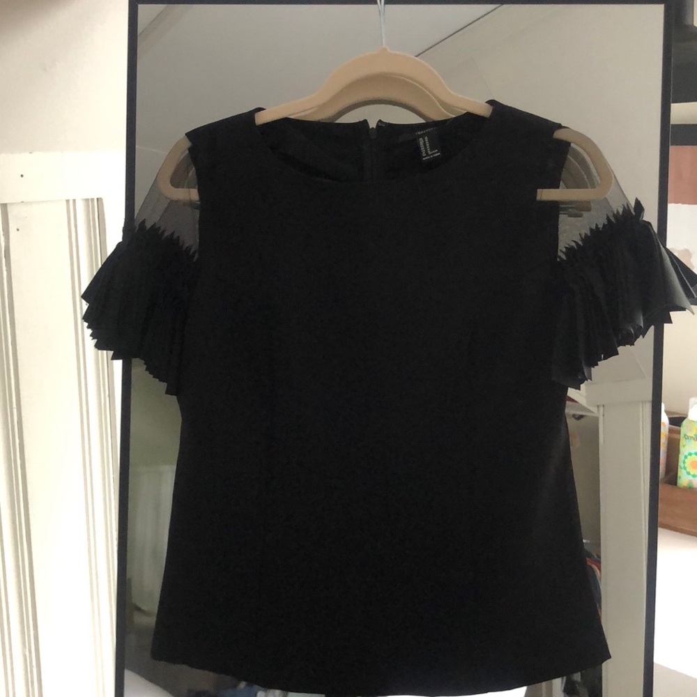 Black mesh flutter sleeve blouse